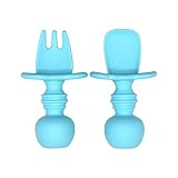 Baby Esslernbesteck| Baby Beißspielzeug - Set aus Baby Löffel und Baby Gabel (WEICH), BPA frei, ohne Melamin, mit Verschluckschutz & ergonomischer Griff, Spülmaschinen geeignet (blau)