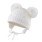 XIAOHAWANG Baby Mädchen Mütze Strickmütze Winter Hut Warme Wintermütze Doppelpompon für Unisex Baby (6-24 Monate, Weiß)