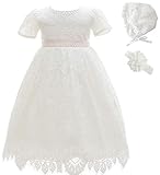 AHAHA Taufkleid Baby Mädchen Lange Taufe Festlich Kleid mit Hut und Stirnband Weiß, 3