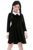 BesserBay Halloween Mädchen Karneval Vintage Midikleid Mittwoch Peter Pan Kragen Cosplay Samt Kostüm Schwarz 150