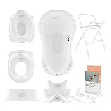 Baby Badewanne Set mit Gestell und Badewannensitz + Töpfchen + Toilettentrainer + Bad-Tritthocker - für Neugeborene und Babys - stabil und bequem, Farbe: Weiß, Motiv:Friends, Marke:Hylat Baby