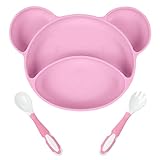 Vicloon Baby Teller, Baby Tischset rutschfest Silikon mit Saugnäpfen und Biegsamen Löffel+Gabel, BPA-Freie, Kann in der Spülmaschine und Mikrowellem, Kinderteller für Kleinkinder und Kinder-Rosa Bär