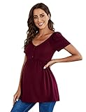 KOJOOIN Damen Stillshirt Schwangerschaftsshirt V-Ausschnitt Umstandsshirt Schwangere Nursing Tops mit Knöpfen Umstandsmode Weinrot(Kurzarm) S