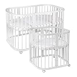 Waldin Babybett aus Holz 7in1 mit Matratze, Mitwachsendes Kinder-Bett, Belüftet, Boden 5-Fach Verstellbar, All-Inclusive-Set, Holz Weiß