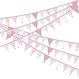Laipuke Wimpelkette Rosa 3,3m Wimpelkette Stoff Blumen Wimpel Stoffgirlande, Beidseitig Wimpel Girlande mit Quasten mit 12Pcs Wimpeln für Kinderzimmer, Hochzeits, Geburtstag, Party (Rosa)