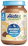 Alete bewusst BIO-Abendbrei Getreidebrei Banane-Kakao, ab dem 8. Monat, Babybrei mit Kakaopulver & Banane zum Löffeln, Bio Babynahrung aus dem Glas, 6 x 190 g