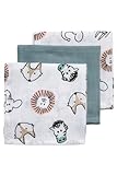 Meyco Baby Waschtücher Musselin - 3er Pack - 30x30cm - Musselin Waschlappen - 100 % weiche Baumwolle - Oeko Tex zertifiziert - saugfähig, hautfreundlich & schnelltrocknend - Animal - Weiß/Steingrün