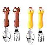 Tomedeks Kinder 2 Sets Edelstahl Besteck Set, Baby Besteck Kinderbesteck Gabel Und Löffel Set,mit Cartoon Tiere Mit Box (bear&chicken)