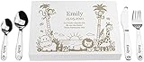 LAUBLUST Kinderbesteck mit Gravur - inkl. Personalisierte Geschenkbox aus Holz - Dschungel Motiv | Esslernbesteck Edelstahl, 4-teilig - Geschenk mit Namen für Kinder - Erinnerung an Baby & Kinderzeit