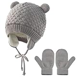 Zoonvii Baby Mütze Beanie Strickmütze, Baby wintermütze, Gestrickte Warme Wintermütze Handschuhe Set,Hüte Herbstmütze mit Ohrenklappen,Unifarbe Wintermütze,Unisex Babymütze,für Kinder 1-4 Jahre