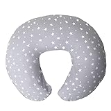 Niimo Stillkissen Klein - Mit Abnehmbarem Stillkissenbezug aus 100% Baumwolle, Atmungsaktiver & Ergonomischer Stillmond, Waschbares Stillhörnchen, Grau mit weißen Sternen (15,5 x 39 cm)