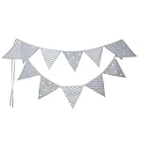 PREMYO Wimpelkette Kinderzimmer Unisex Stoff - 12 Wimpel Girlande Beidseitig - Babyzimmer Deko Grau