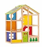 Hape Vier-Jahreszeiten Puppenhaus aus Holz von Hape | Preisgekröntes dreistöckiges Puppenhaus mit Mobiliar, Zubehör, verschiebbaren Treppen und wendbarem Dach für jede Jahreszeit