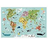 Weltkarte Kinder Poster XXL Kinderweltkarte Plakate Kinderzimmer Weltkarten Kind Lernposter Illustration Kinderweltkarten Tiere Kinderposter Landkarte Print