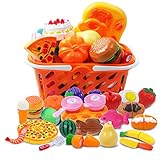 DigHeath 34 Stück Kinder Küchenspielzeug, Schneiden Lebensmittel Obst Gemüse Spielzeug, Lebensmittel Spielzeug Set mit Korb, Pädagogisches Lernen Spielzeug Rollenspiele