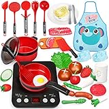 Sanlebi Küchenspielzeug, Kinderküche Zubehoer mit Töpfe, Pfannen Set Realistischer Licht & Sound Induktionsherd, Gemüse, Küchengeschirr Kinder Kochgeschirr Spielzeug für 3 Jahren Mädchen (34PCS)