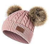 Yixda Baby Kids Winter Mütze Mädchen Jungen Warm Fellbommel Beanie Hüte (Dunkel Rosa)