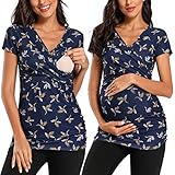 Love2Mi Damen Kurzarm Stillshirt Umstandsshirt Umstandsmode V-Neck Nursing Tops, Stoffdruck, M